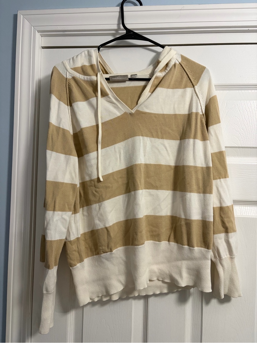 croft & barrow Cream and Tan Striped V-Neck Hoodie Sweater